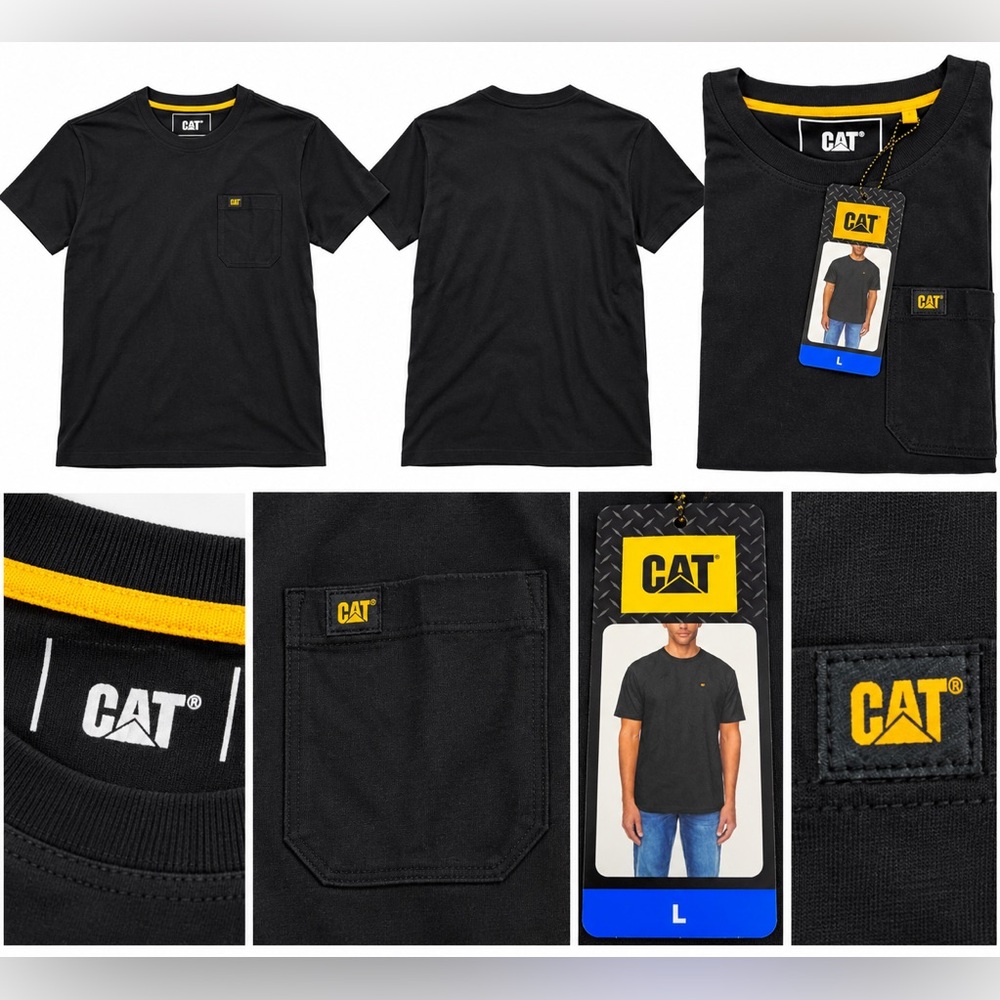 Caterpillar Black Short-Sleeve Pocket Tee with Yellow Logo Trim Large